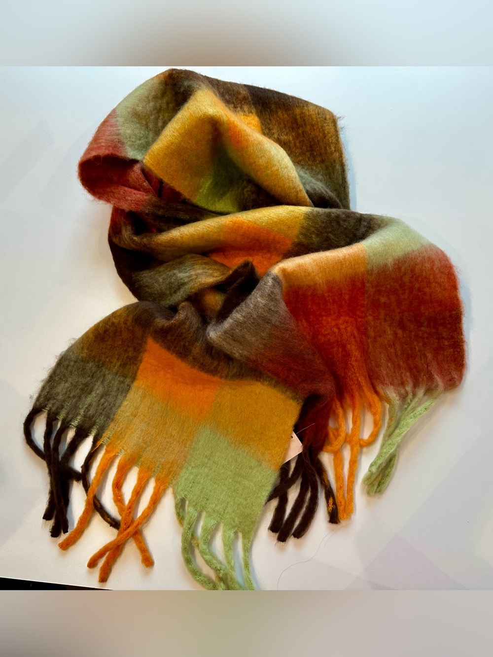 Lost Girls Colorful Checkered Plaid Scarf Orange Brown Green Fringe